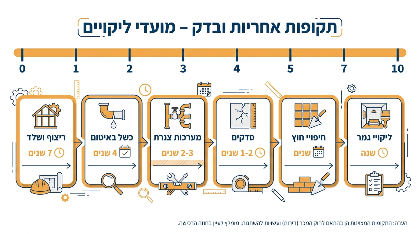 טבלת תקופות בדק ואחריות לפי חוק המכר לדירות חדשות מקבלן