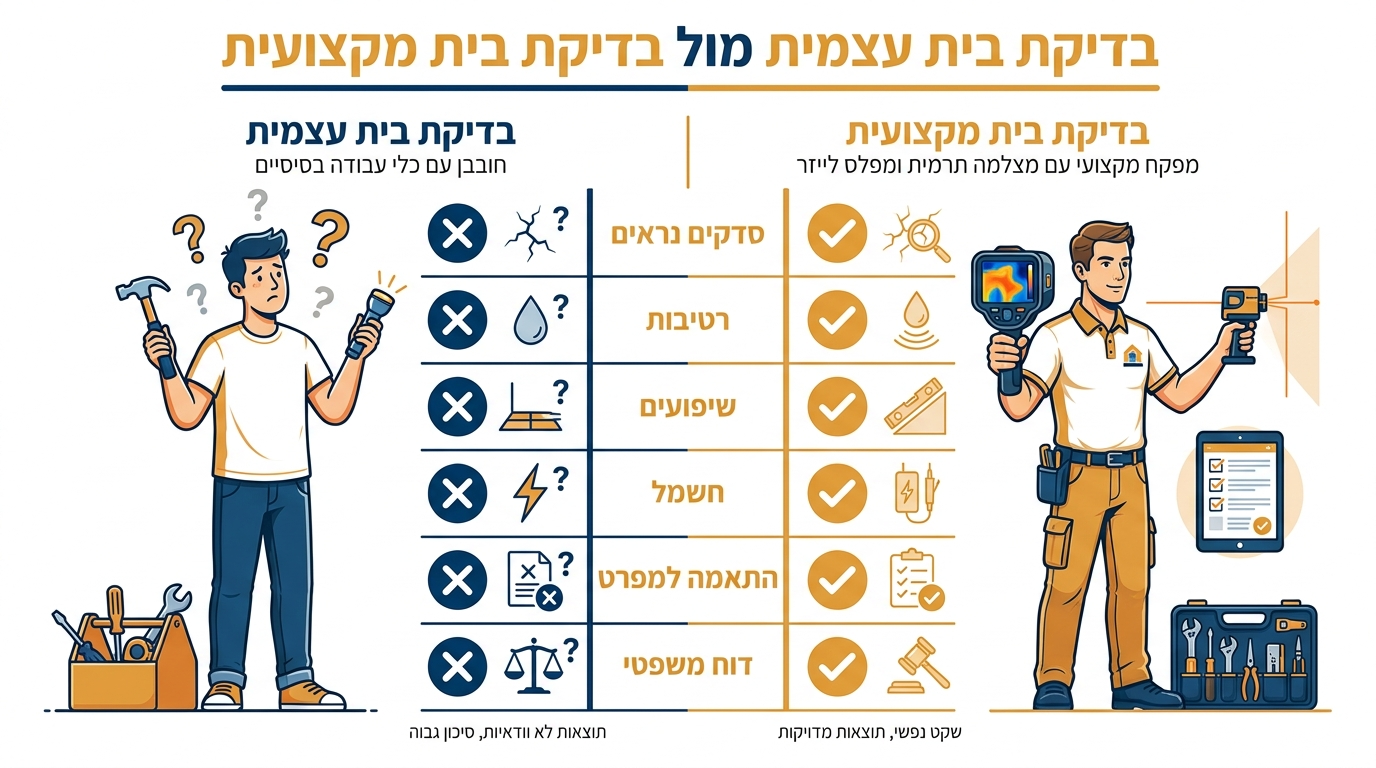 השוואה בין בדיקה עצמית לבדיקה מקצועית של דירה חדשה מקבלן