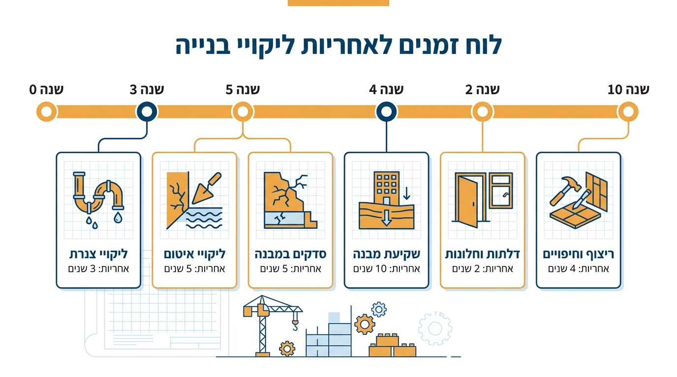 טבלת תקופות בדק ואחריות לפי חוק המכר - סוגי ליקויים ומשכי חבות הקבלן