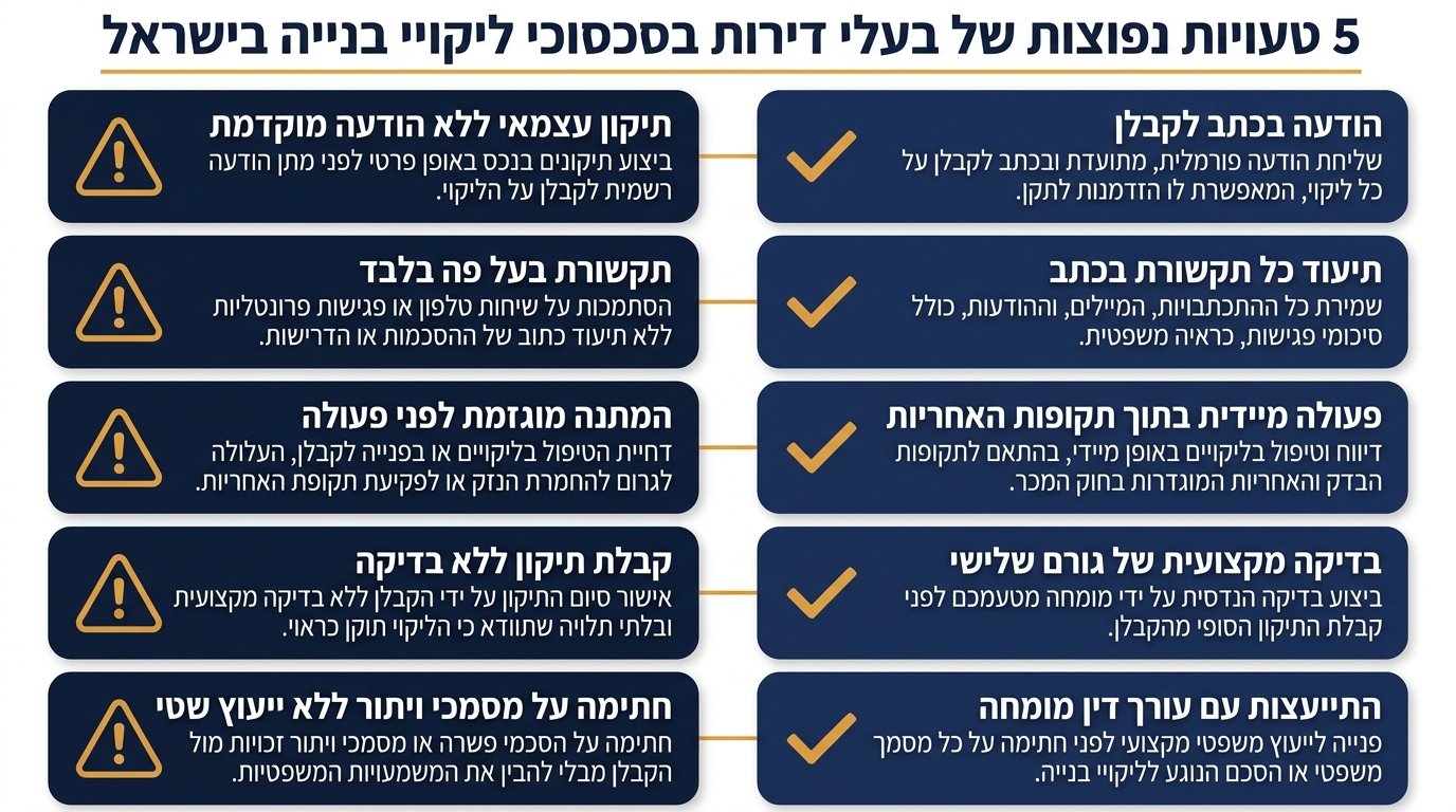 טעויות נפוצות של רוכשי דירות מול קבלן - מה לא לעשות כשיש ליקויי בנייה