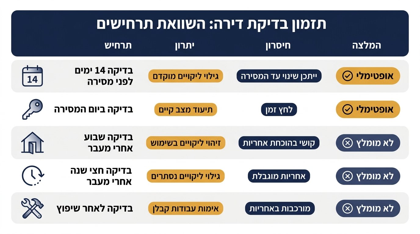 השוואת תרחישי תזמון לבדק בית דירה חדשה מקבלן