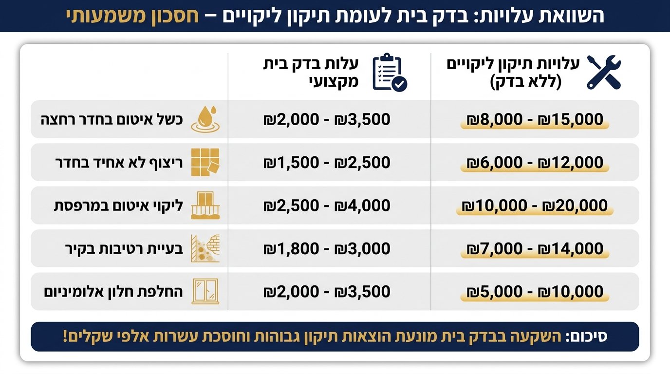 השוואת עלויות בדק בית מול עלות תיקון ליקויים נפוצים בדירה חדשה בפרויקט פינוי בינוי