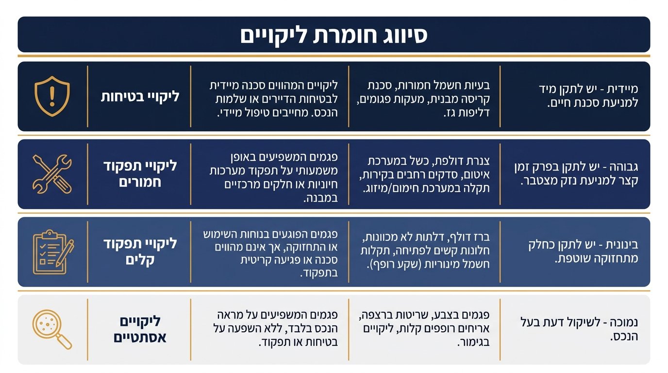 סיווג ליקויי בנייה לפי חומרה - בטיחותי, תפקודי ואסתטי