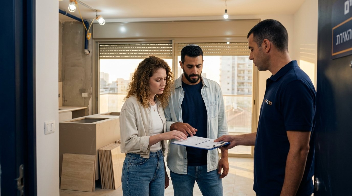יום מסירת דירה בפרויקט פינוי בינוי - נציג קבלן מציג פרוטוקול מסירה לדיירים