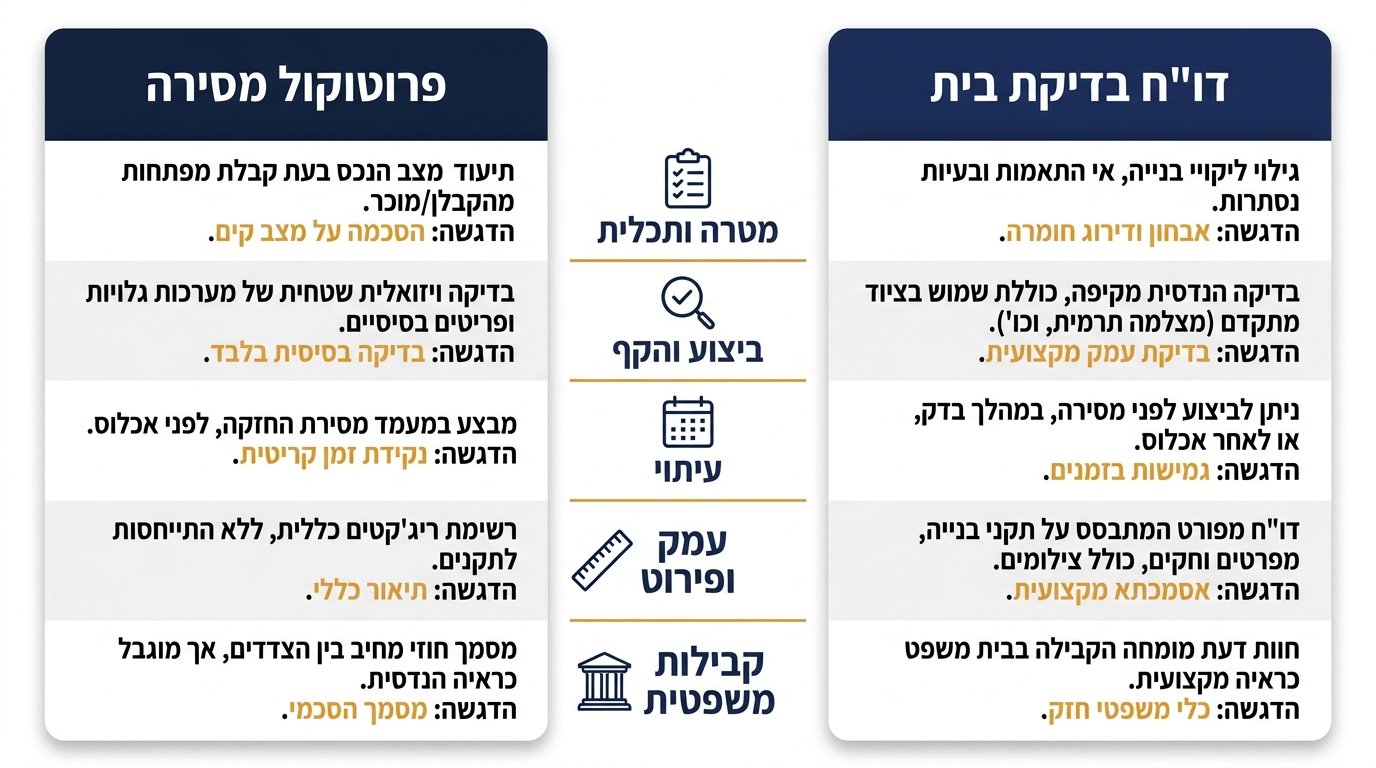 ההבדל בין פרוטוקול מסירה לדוח בדק בית - השוואה מקצועית