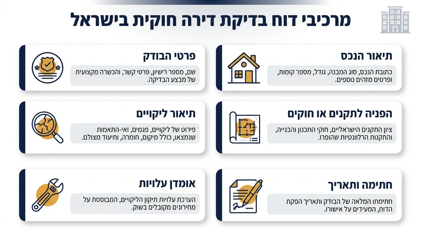 רכיבי דוח בדק בית תקין הכולל פירוט ליקויים, הפניה לתקנים ואומדן עלות תיקון