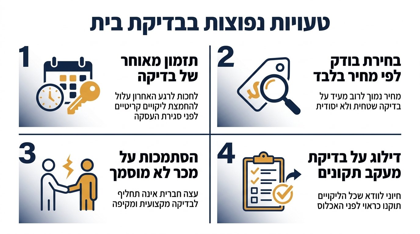 איור המפרט ארבע טעויות נפוצות של רוכשי דירות ביקנעם בתהליך בדק הבית