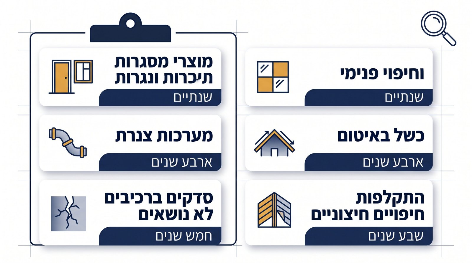 טבלת תקופות בדק לפי סוג הליקוי בהתאם לחוק המכר דירות