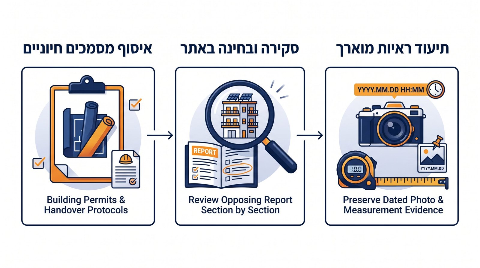 מסמכי תביעה ודוח ליקויי בנייה על שולחן עבודה