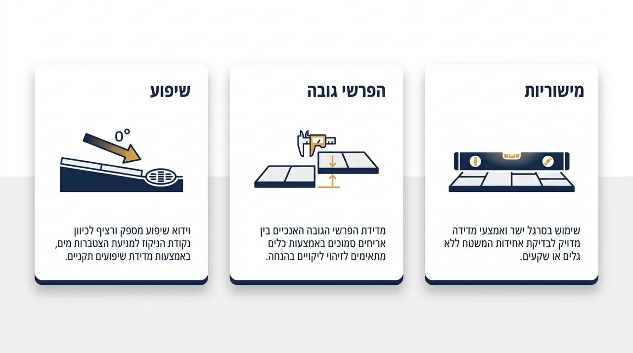 מדידת ליקויי ריצוף עם פלס וכלי מדידה מקצועיים לתיעוד שקביל מול קבלן